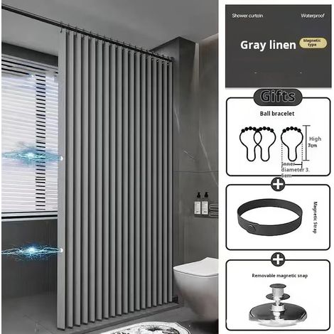 Rideau de douche pliable imperméable 150 x 200 cm, magnétique et anti-éclaboussures, en lin, gris (1/5)