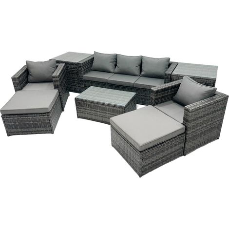 Fimous Outdoor Coffee Table Sofa Armchair Set with 2 Side Tables 2 Big Stools Garden Furniture Set Dark Grey Mixed (1/5)