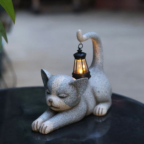 Luces solares transfronterizas para jardín, figuritas de animales de resina, decoración de jardín, balcón, patio, césped, estatua de gato (lámpara colgante gris con forma de cola de gato) (1/5)