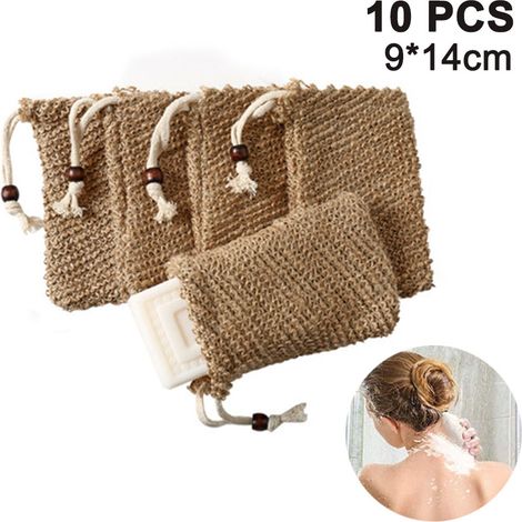 Lot de 10 sacs à savon, parfaits pour récupérer les restes de savon et économiser vos savons. Sacs à savon en fibres naturelles pour faire mousser et sécher le savon. Sacs à savon bio avec pochette de (1/5)