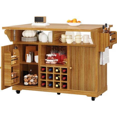 Îlot de cuisine mobile extensible, desserte à roulettes avec rangement, rallonges rabattables et porte-bouteilles, marron foncé (1/5)