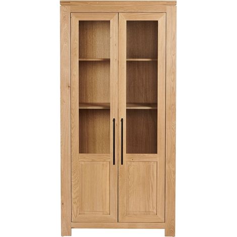 Hellin – Vitrine moderne en chêne clair 90x40x185 cm – 3 tablettes réglables – 2 portes vitrées en verre trempé – Meuble de rangement contemporain (1/5)