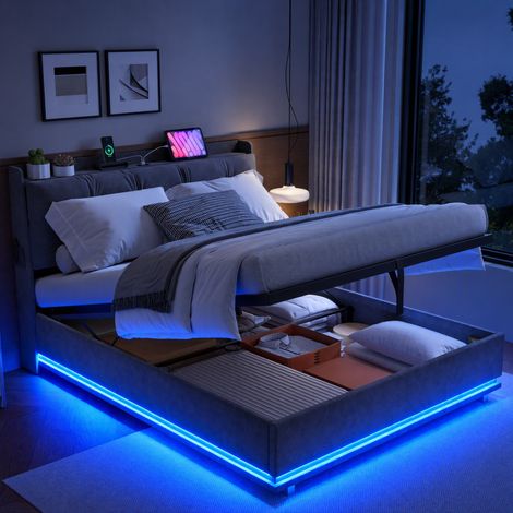 JOOKGBD-Lit coffre 140x190cm en velours gris avec tête de lit LED RGB télécommande ports USB-C USB rangement hydraulique sommier lattes poche latérale chambre adulte (1/5)