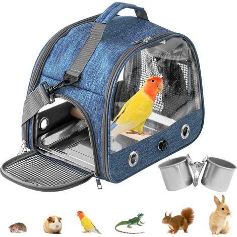 Vogeltransportbox: Vogelrucksack mit Sitzstange und Edelstahlwanne, leichte und atmungsaktive Transportbox, Reisekäfig für Papageien und Sittiche (33 x 17 cm)