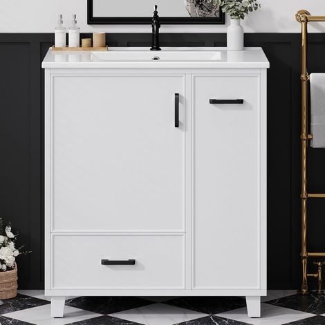 Mobiletto da bagno autoportante 76,5x47x82 cm con 2 cassetti, vani laterali e lavabo in ceramica integrato, bianco (1/5)