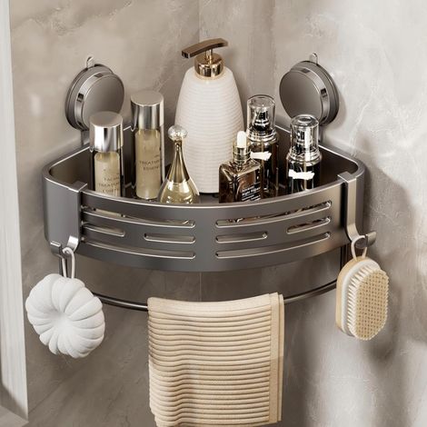 Caddy de douche Coin Ventouse Étagère de douche Coin sans perçage Salle de bain Organisateur de douche Support de rangement Adhésif (1-Pack, gris) (1/5)