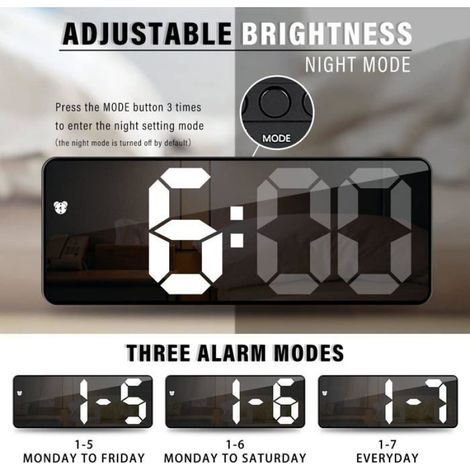 Réveil Numérique - Miroir LED 6,7 Pouces - Commande Vocale - Anti-Tic-Tac - Pour Chevet Bureau Voyage - 1 Pièce (1/5)