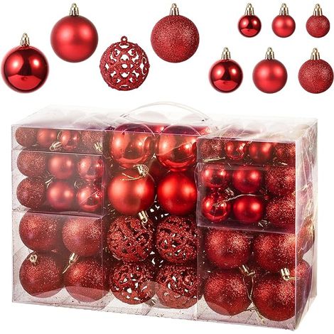 Set mit 100 roten Christbaumkugeln, funkelnde Dekorationen, Ø 3, 4 und 6 cm, Christbaumkugel mit Schnur und Befestigung, Weihnachtsdekoration für Weihnachten, Hochzeiten, Partys, Geburtstage