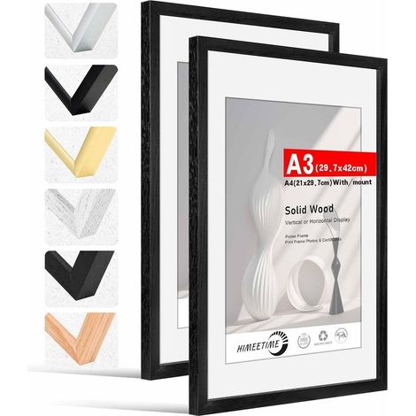 2x Bilderrahmen DIN A3 Schwarz Massivholz mit Passepartout für A4 (1/5)