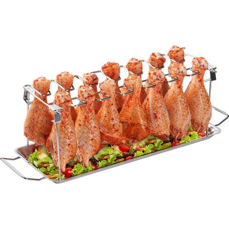 Support à cuisses de poulet JeiibrZui pour 14 pièces - Grille en acier inoxydable avec bac récupérateur de graisse - Design pliable - Convient pour le four et le barbecue - Couleur argentée (1/5)