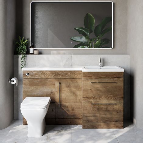 Napoli 390 Tobacco Oak 1500mm 2 Drawer Vanity Unit Toilet Suite with Right Hand Square Lucia Basin - 1500mm - Chrome 320mm HandleWith Kingston Toilet Pan and Seat