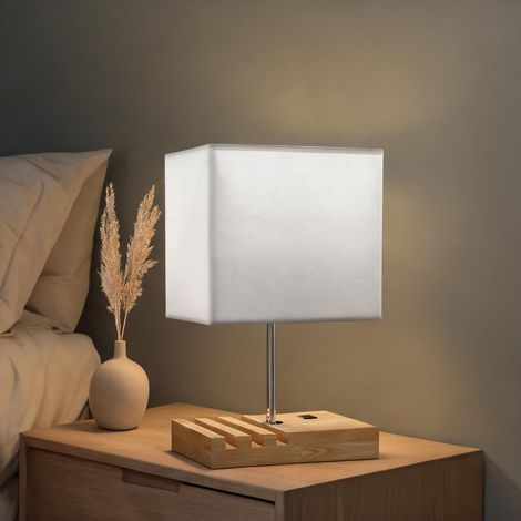Lampe de chevet en bois blanc avec ports USB et rangement (1/5)