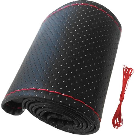 Auto Stuurhoes, Universal Microfiber Lederen Stuurhoes Geperforeerd Slijtvast pour 15 Inches Diameter (Black Red).