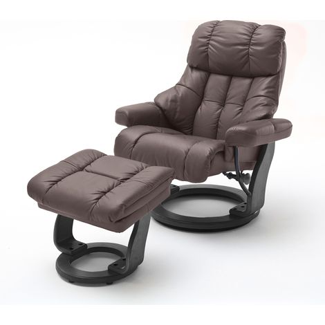 Fauteuil relax rotatif en cuir marron et pied noyer - LUMOS