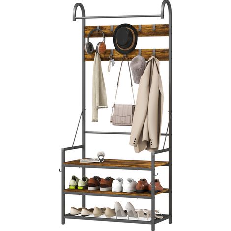 Eingangsbereich mit Bar, 10 Haken, Bank und Schuhregal, Holz und Metall, 80 x 40 x 182 cm, braun und schwarz (1/5)