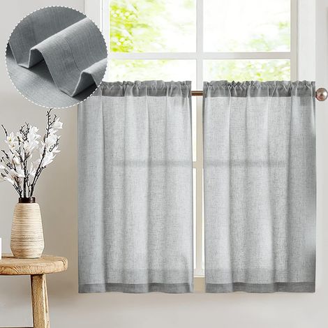 Lot de 2 rideaux brise-bise aspect lin modernes gris - 65 x 115 cm (l x H) - Avec passe-tringle - Style maison de campagne - Semi-transparents - Courts - Pour caravane (1/5)