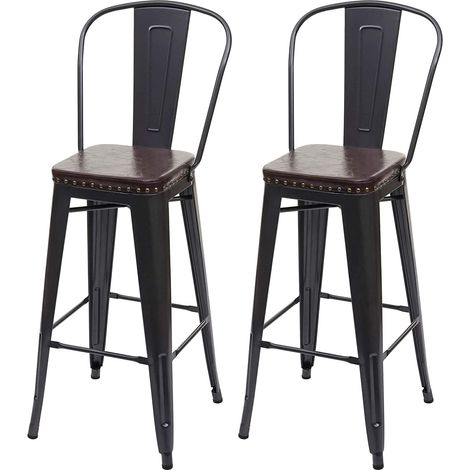 2 sgabelli da bar in sintetico marrone e metallo nero con schienale alto in stile industriale TDB04051