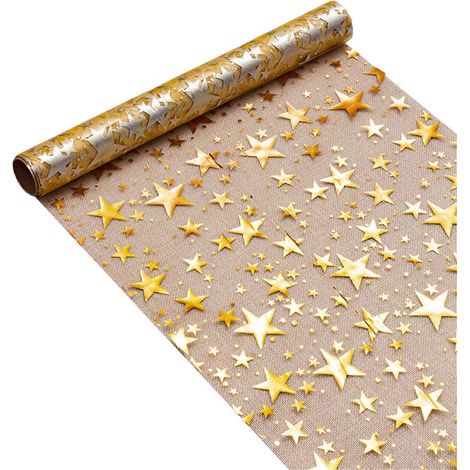 Chemin de table lavable à motif d'étoiles dorées, décoration idéale pour les fêtes et banquets à la maison. Tissu en polyester résistant. (1/5)