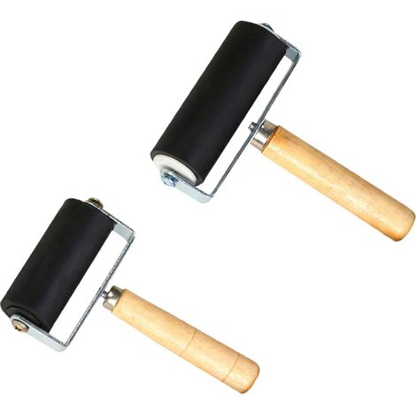 Juego de 2 rodillos de goma - Con mango de madera - Negro - Para técnicas de impresión, sellos, manualidades y proyectos artísticos (10 cm/6 cm)