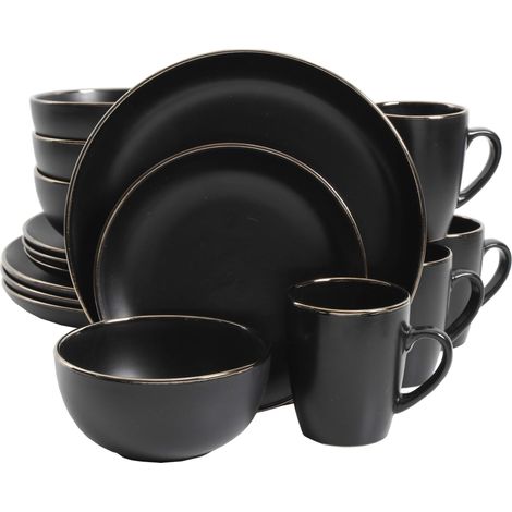 Service de table rond en grès pour 4 personnes lot de 16 Noir/doré (1/5)