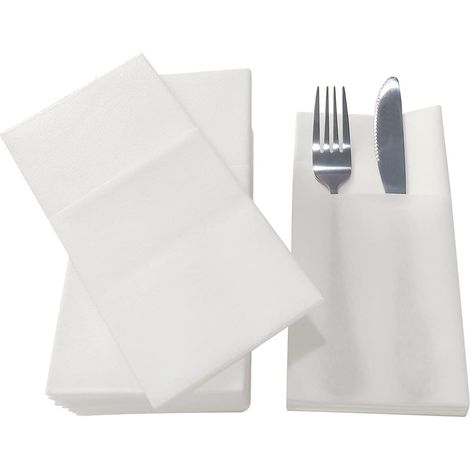 Lot de 150 serviettes jetables toucher lin, avec poche couverts, absorbantes et douces pour fêtes. (1/5)