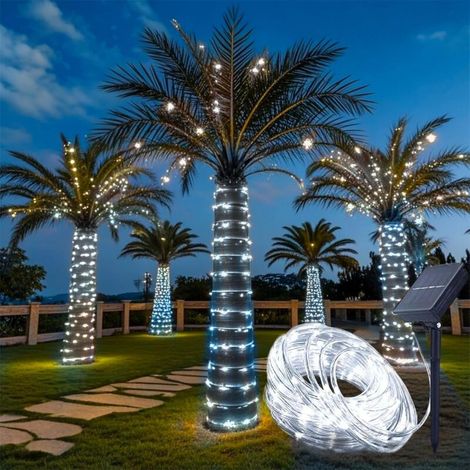 Guirnalda de luces solares para exteriores, 12 m, 100 LED, 8 modos, resistente al agua, decoración para jardín, patio y balcón (Blanco)