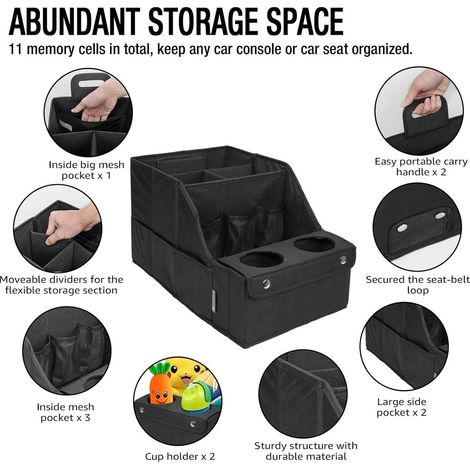 Organisateur de siège auto - Boîte de rangement - Avec porte-gobelet - Espace de rangement pour la banquette arrière, idéal pour les enfants et les jouets - Noir (1/5)