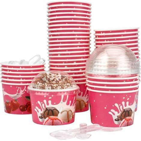 Coupe Glacée Tasses,50 Pcs Bols de Crème Glacée avec 50 Paires de Couvercles et de Cuillères,Bols à Crème Glacée,Tasses à Dessert pour la Crème Glacée,Le Yogourt Glacé, la Soupe et le Gâteau (Rose) (1/5)