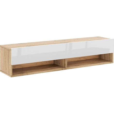 Calicosy – Meuble TV suspendu 1 porte 140x31x30 cm panneaux de particules décor chêne et blanc – Design contemporain – Poids max 20 kg (1/5)