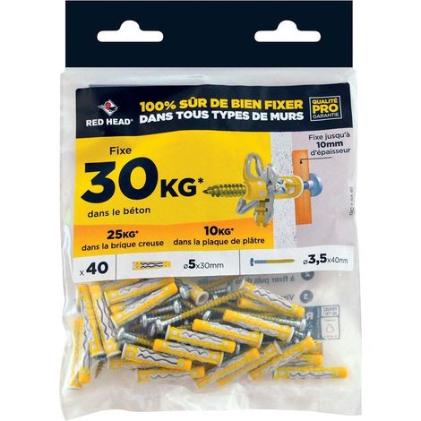 Paquete de 40 tacos de pared para todo tipo de paredes, gama MX, color RED HEAD, 5 x 25 mm RED HEAD