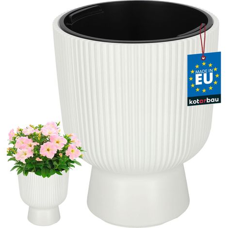 KOTARBAU® Pot de Fleur - Pot Plastique Plante Ø 23 cm - avec Bac Intérieur - Pot de Jardin - Pot de Fleur Exterieur - H : 30 cm - PVC - Blanc - Nervuré (1/4)