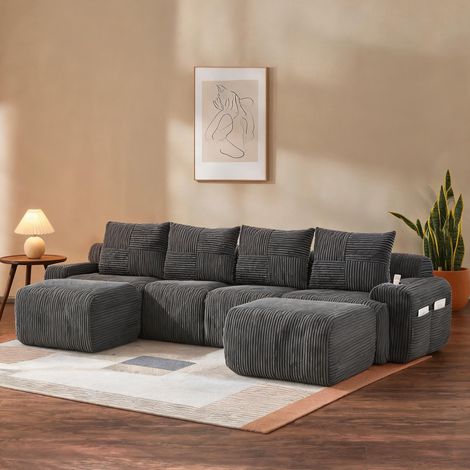 Ensemble canapé modulaire 4 places gris neutre avec poufs (1/5)