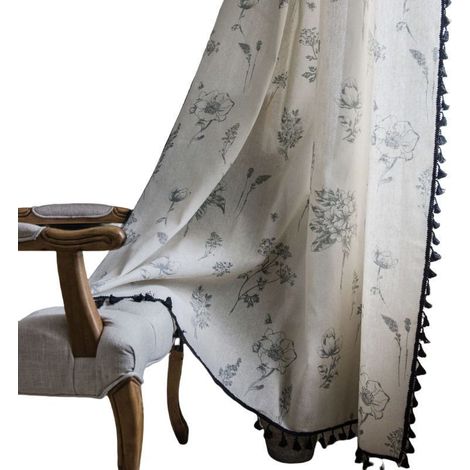 Cortinas con estampado floral gris, borla negra, estilo pastoral