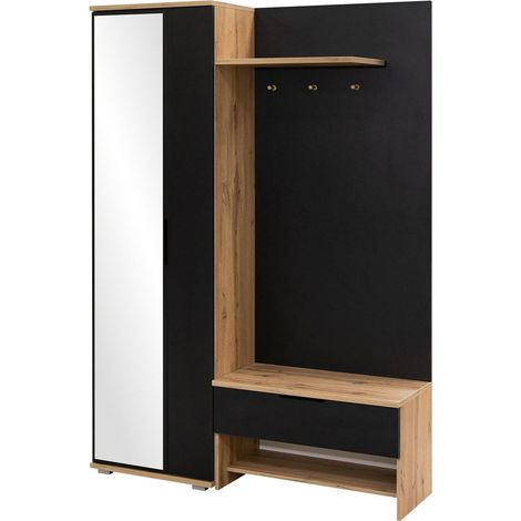 Conjunto para recibidor Honolulu 160, Negro + Roble wotan, 200x140x41cm, Espejo, Aglomerado laminado, Colocada