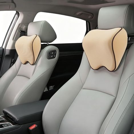 2 x Car Headrest Cushions, Car Headrest with Adjustable Straps, Neck Pillows with Removable Breathable Memory Foam Sleeves, Beige (1/5)