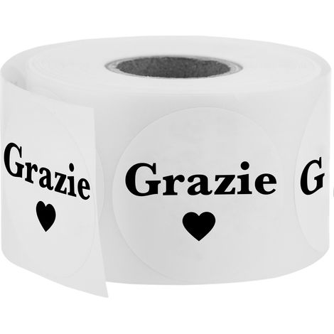 PrimeMatik - Adesivi rotondi da 25 mm "Grazie", rotolo di 500 etichette, colore bianco, rotolo di 500 etichette