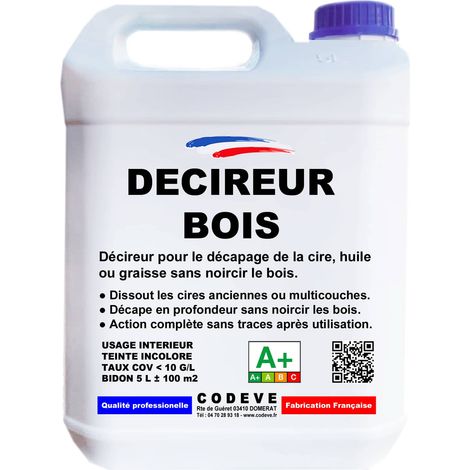 Codève Bois – Dégraissant décapant pour bois 5 L – Dissout cires anciennes sans noircir – Action rapide pour surfaces sensibles