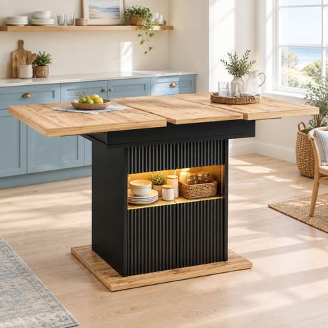 Mesa extensible 110-140 x 80 x 76 cm con almacenaje, LED y tablero regulable, negro y madera DESVIAE (1/5)