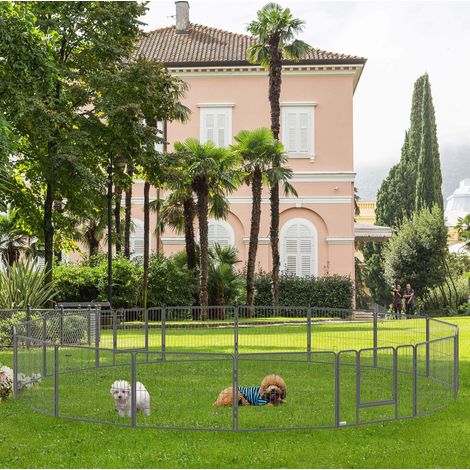 Recinto per cuccioli in acciaio, 60 cm, 16 pannelli, 2 porte, grigio OKMYHOME (1/5)