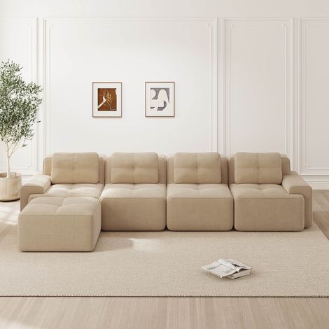 Canapé d'angle modulable 4 places en velours côtelé beige, méridienne, assise profonde, sans montage, 382 x 177 x 69 cm (1/5)