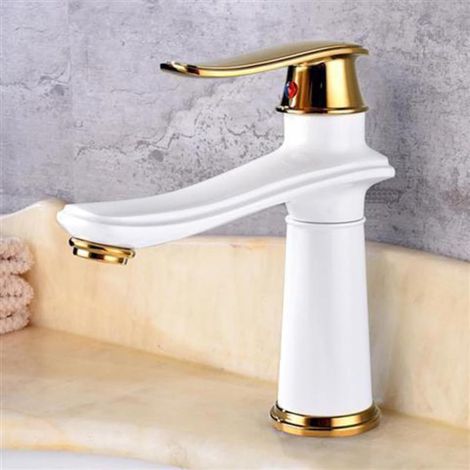 Single-lever brass basin tap, one-piece hot and cold water mixer, modern white finish (1/3)