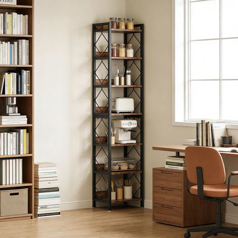 Libreria angolare 34x34x200 cm, 7 ripiani aperti, kit antiribaltamento, metallo e legno, nero e marrone rustico (1/5)