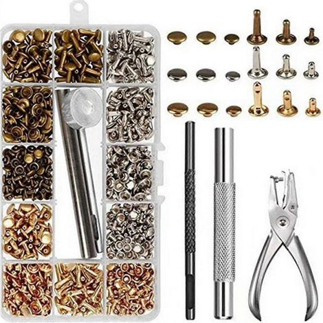 300 rivets en cuir à double tête, clous tubulaires en métal avec pince à poinçonner, kit d'outils pour le travail du cuir. (1/3)