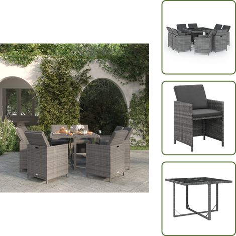The Living Store Set Pranzo da Giardino 9 pz con Cuscini in Polyrattan Grigio - Tavolo da pranzo da esterno