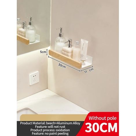 (Blanc 30 cm) Étagère d'angle en bois et aluminium pour salle de bain, rangement pour shampoing, étagère murale de douche (1/5)