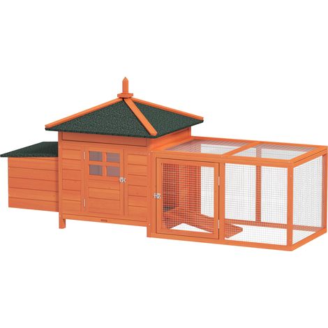 PawHut gallinero de madera exterior, jaula para gallinas con nidos, corral, bandeja extraíble, tapa abatible, 196x76x97 cm, naranja