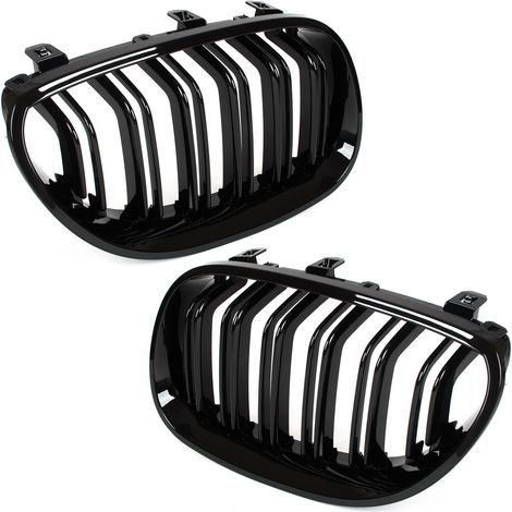 BMW 5 E60 / E61 03-10 grilles entre les phares (reins) gauche + droite ensemble NOIR BRILLANT DOUBLE BARRE NERVURES COURBÉES