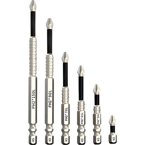 Embouts de Vissage Magnétiques 6 Pièces – Embouts PH2 Anti-Dérapants pour Perceuse ou Tournevis Manuel, 25/50/65/70/90/150mm, Aimantés Haute Précision pour Outils Électriques et Réparations (6) (1/5)