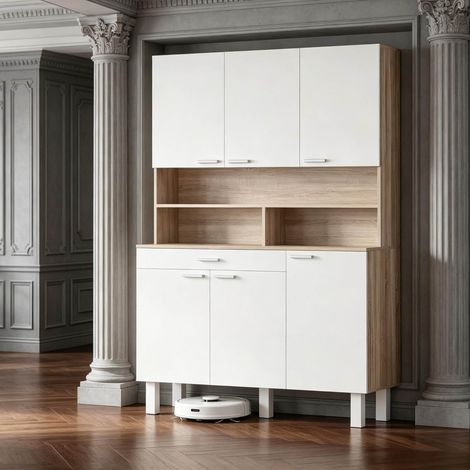 Credenza alta da cucina 120x40x175 cm con 6 ante, cassetto e vani aperti (1/5)