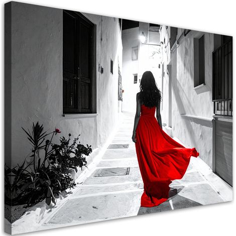 Quadro su tela, Donna in abito rosso che cammina lungo una strada stretta, 30x20 (1/5)